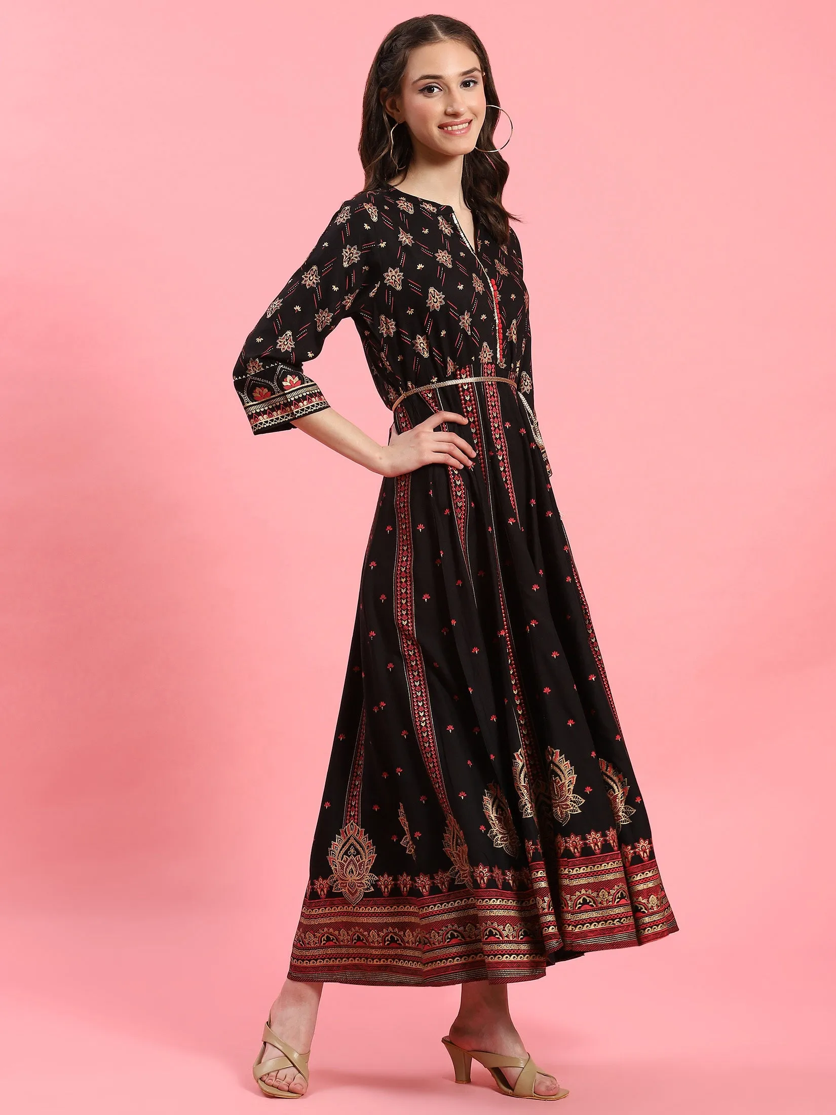 Women Black Ornamental Printed Dress