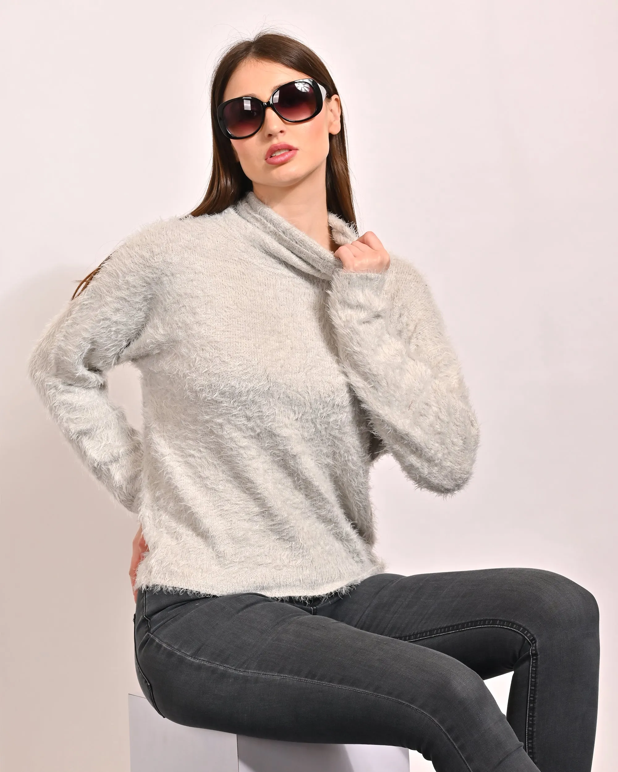 Women Grey Faux Fur Turtleneck